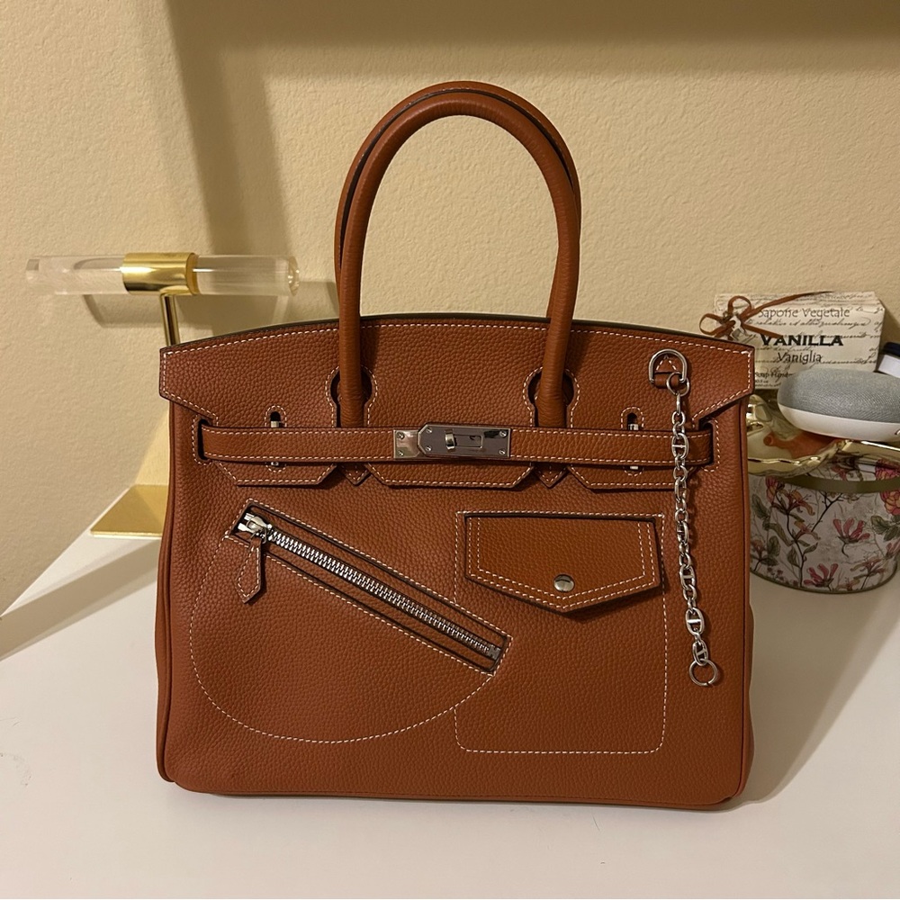 30cm Round Top Handle Front Pockets Satchel Brown - Picture 2 of 8